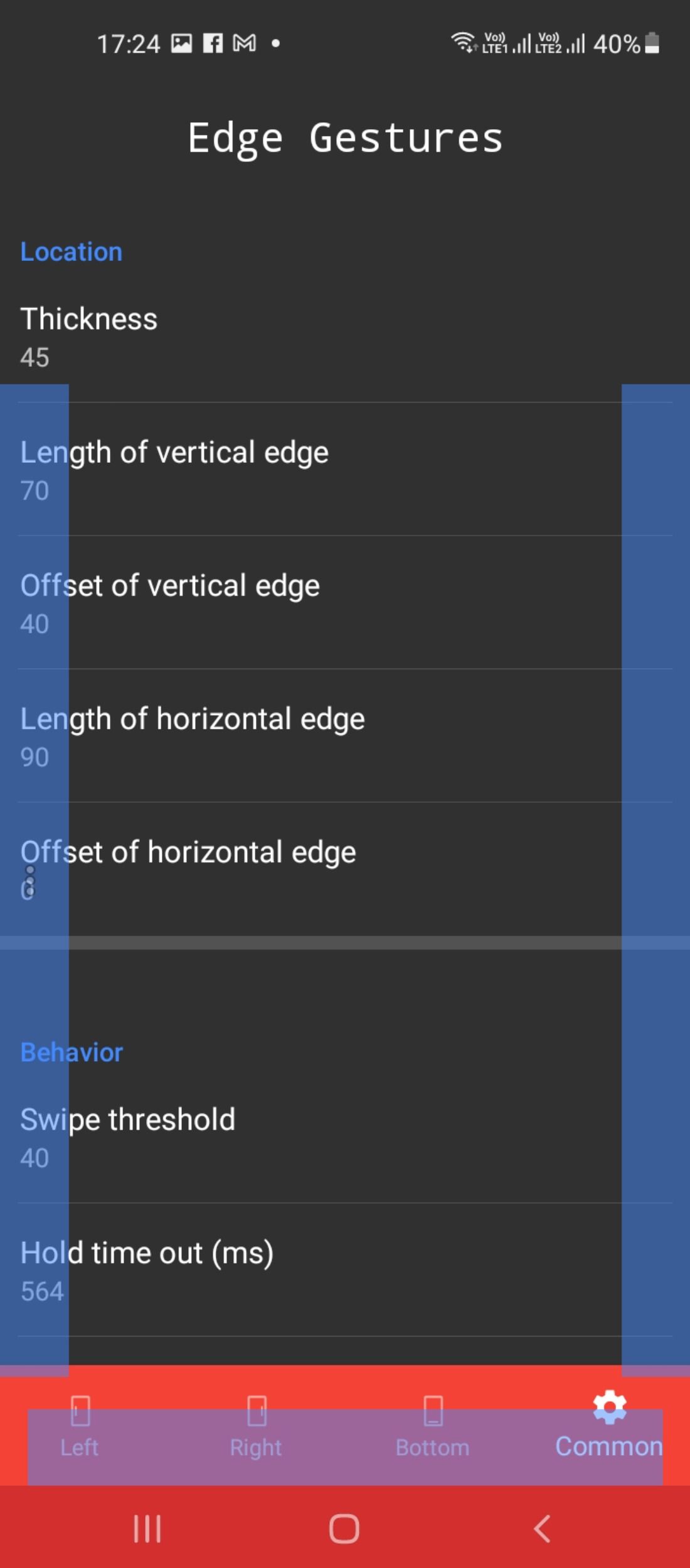 تنظیمات سفارشی سازی در برنامه Edge Gestures