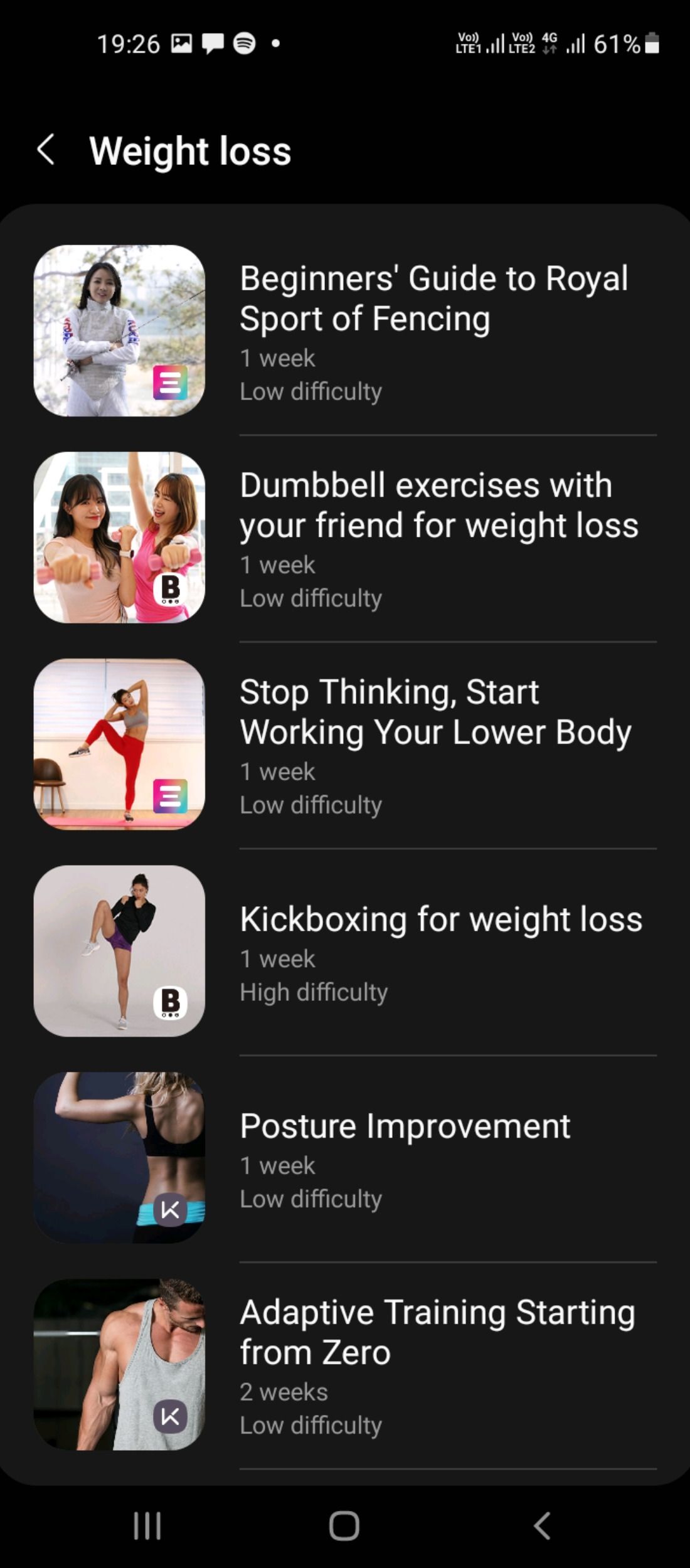 List of workouts and fitness programs in Samsung Health