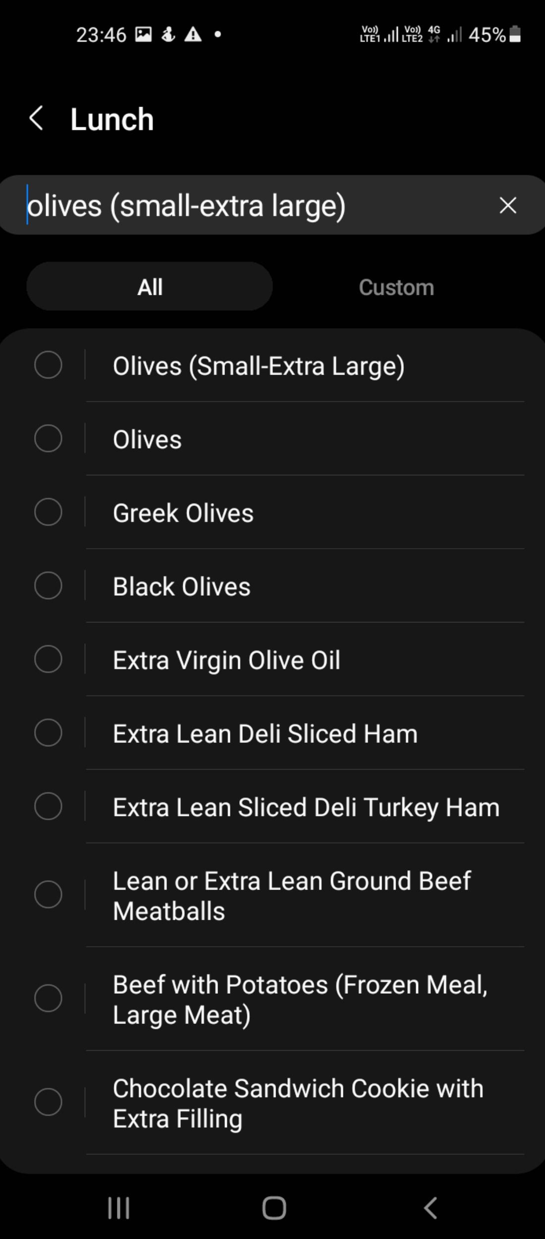List of food items in Samsung Health