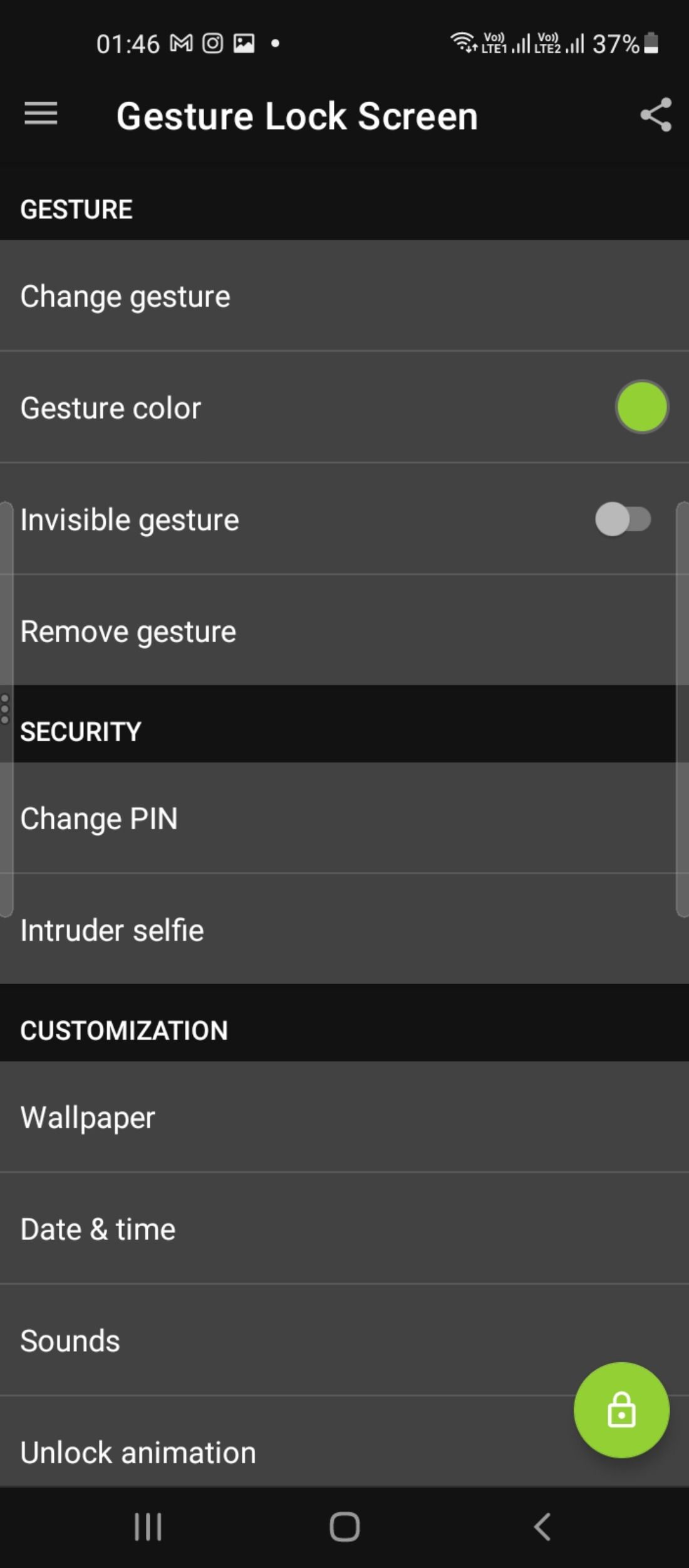 تنظیمات سفارشی سازی برنامه Gesture Lock صفحه نمایش