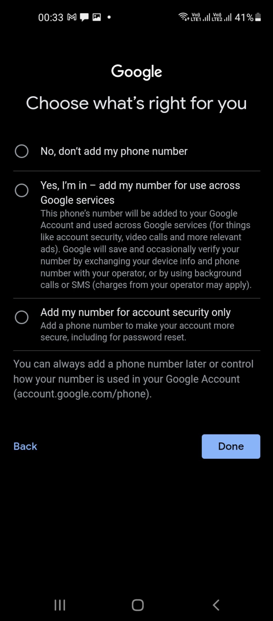 Security options in Google account