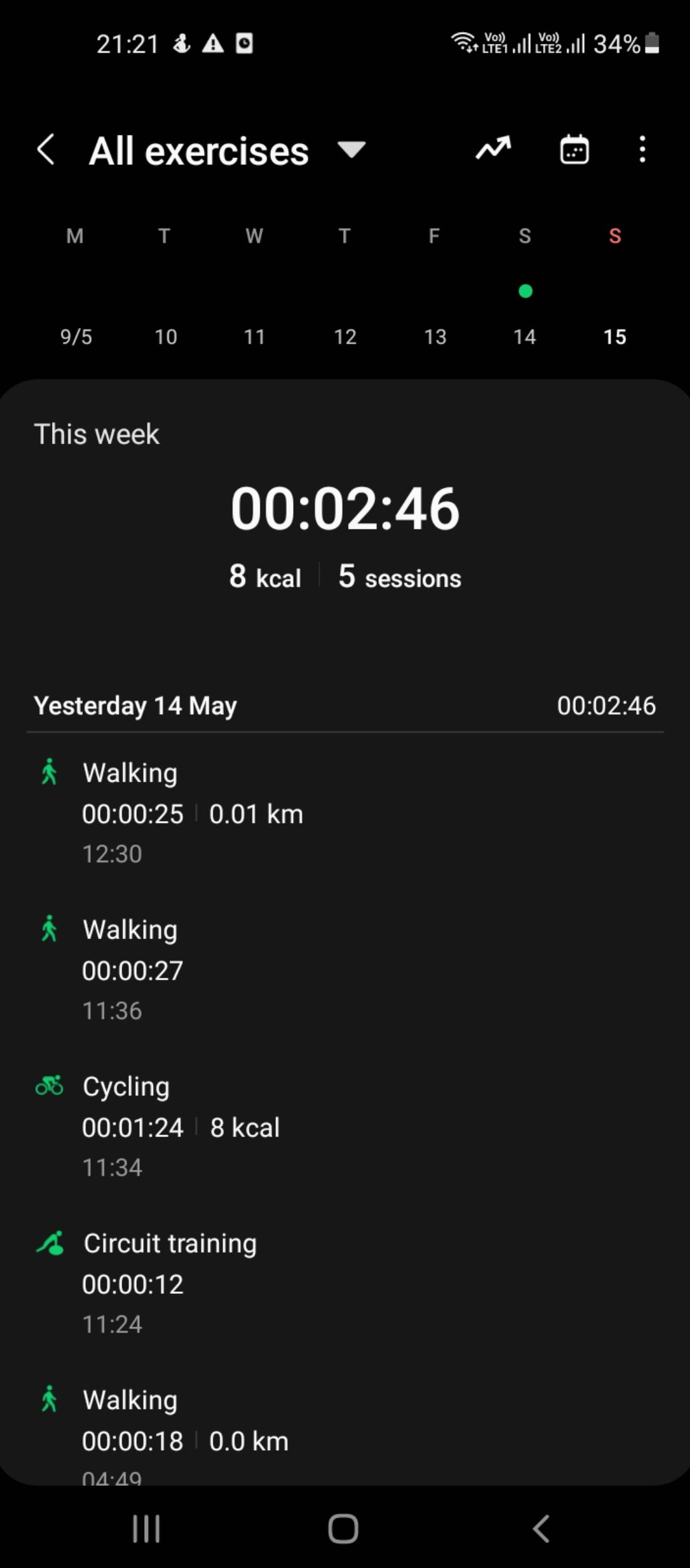Workout data in Samsung Health app
