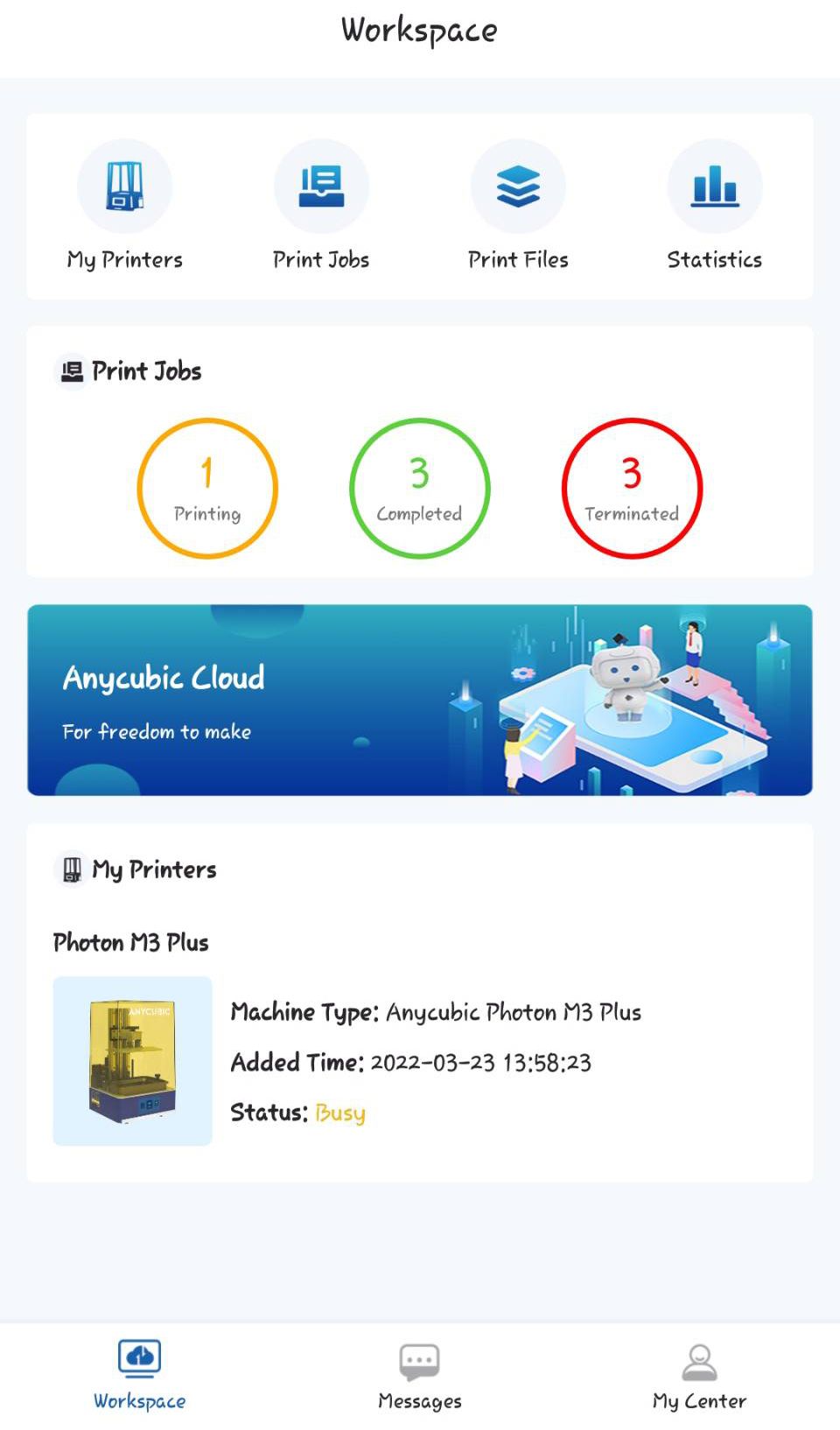 Anycubic Cloud Workspace view