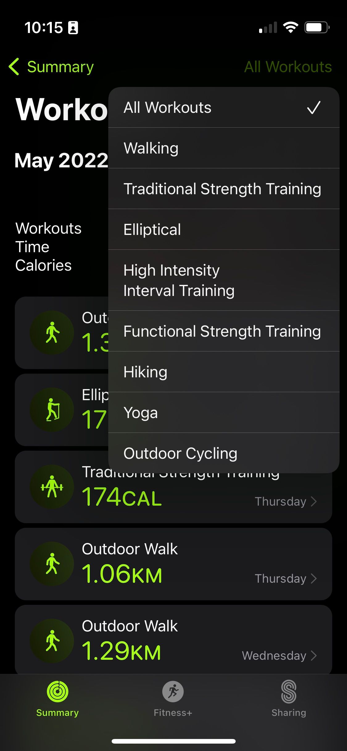 Screenshot of a fitness app workout overview