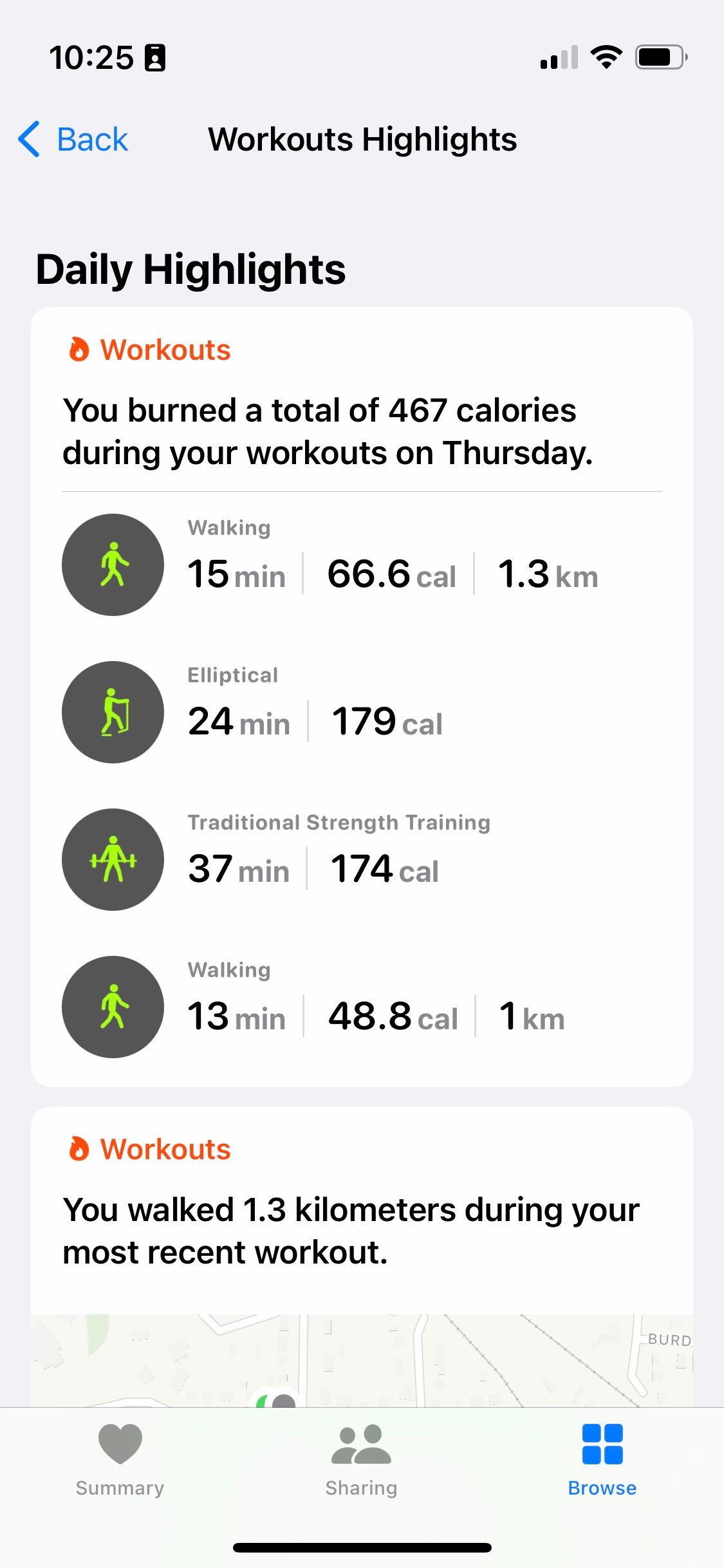 Screenshot of workout overview in a health app