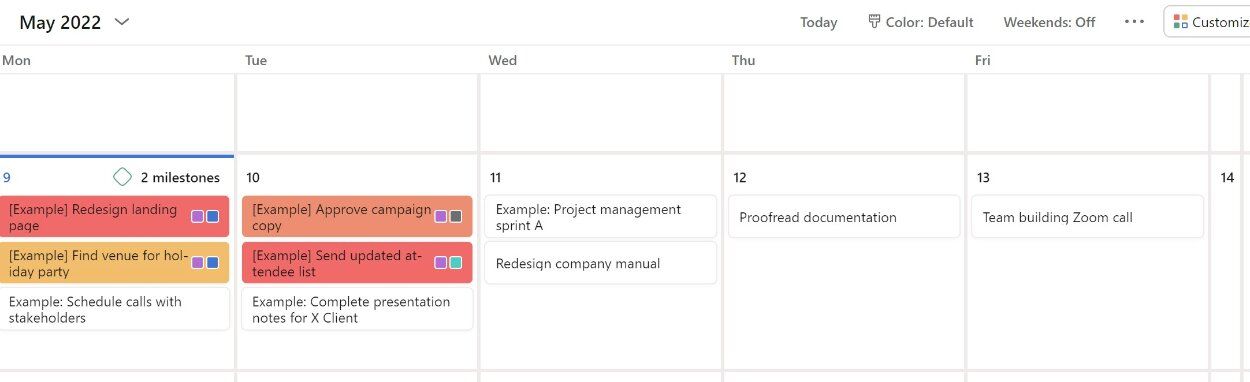 Asana calendar view showing tasks in a frontloaded work week. 