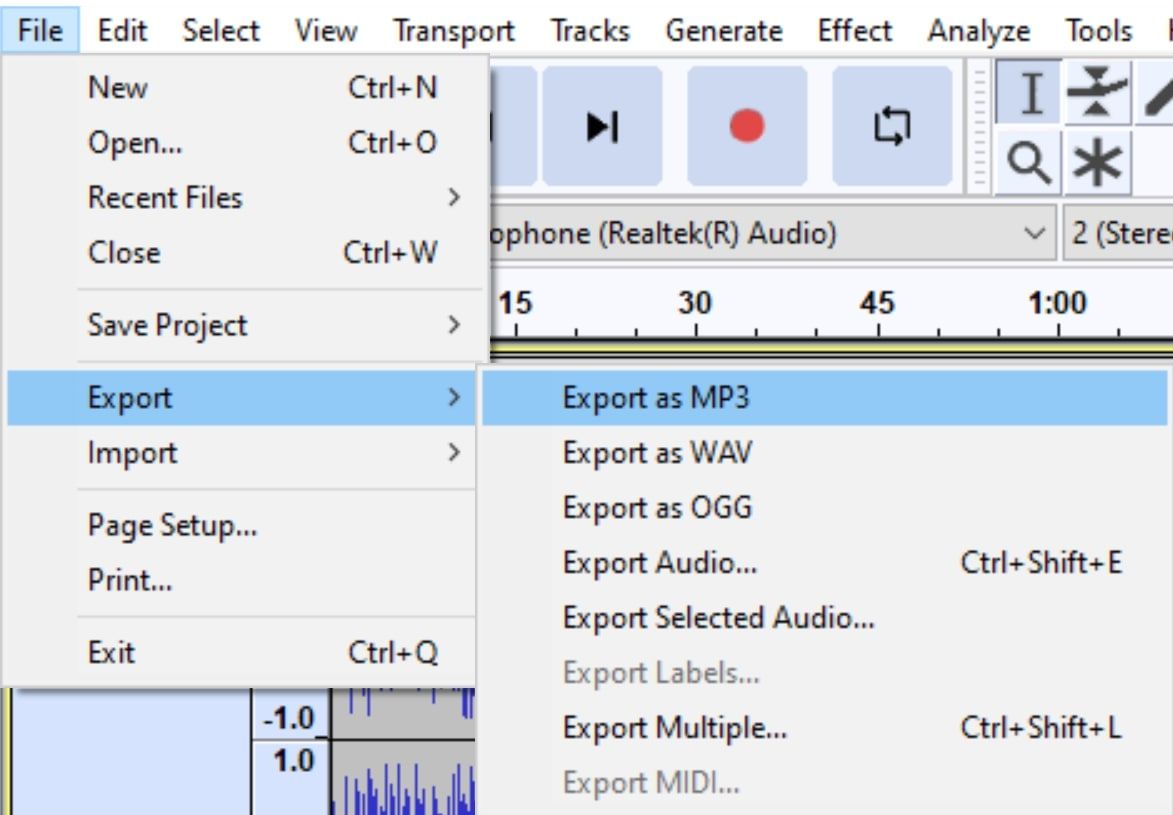 File dropdown open in Audacity, with user selecing the export option