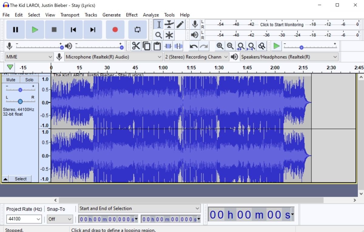 Audacity with MP3 file imported