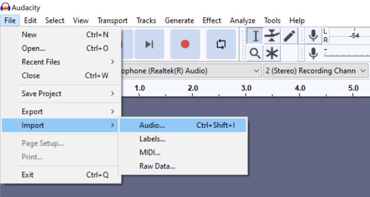 File dropdown open, with the user selecting Import, then Audio