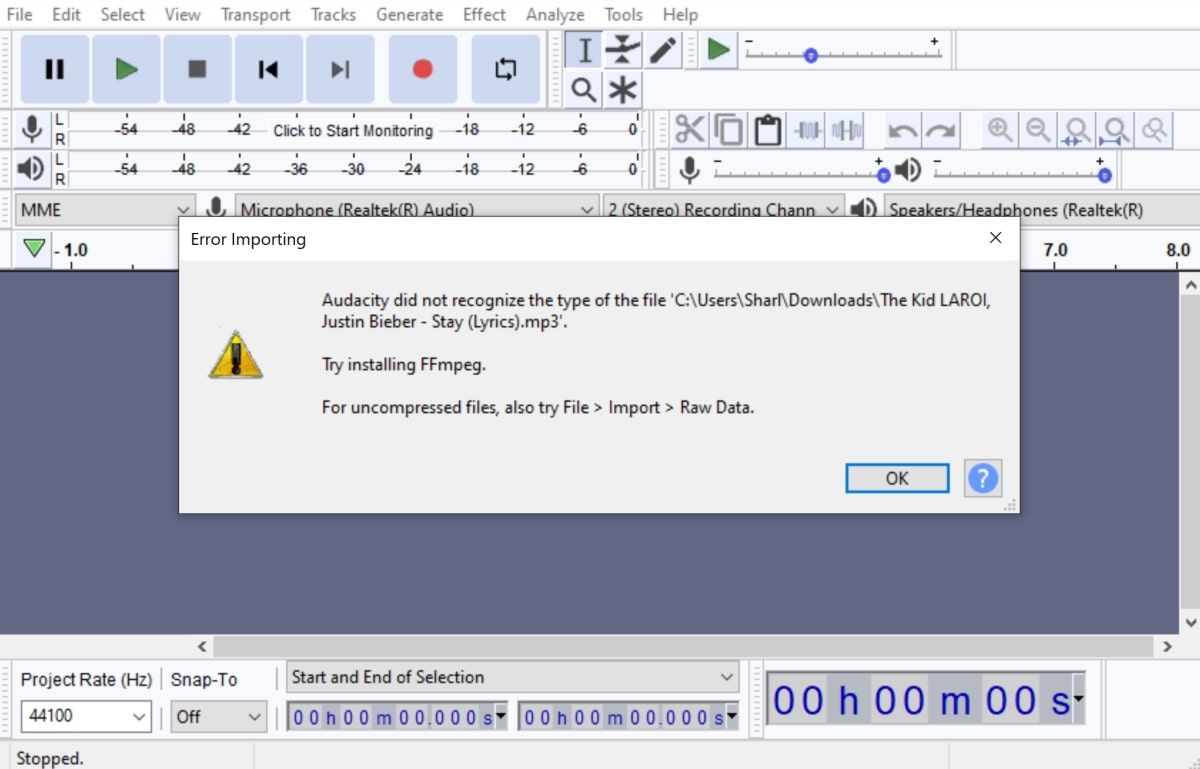 Audacity error showing that it is unable to import the MP3 file