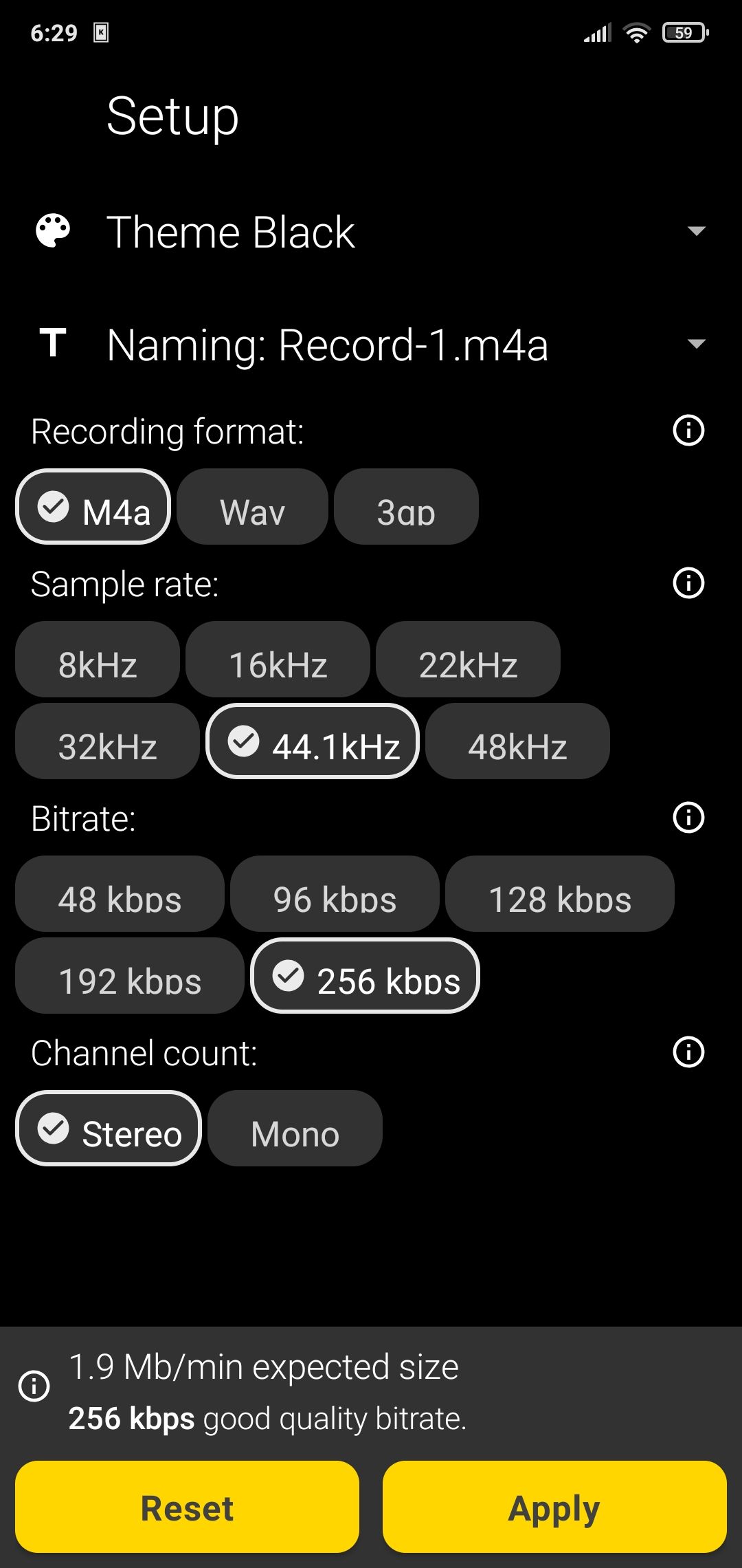 Screenshot of Audio Recorder settings screen