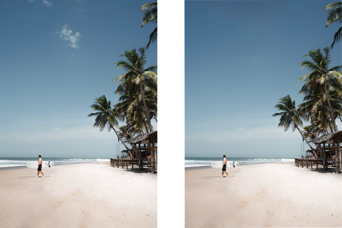 A shot of a surfer at the beach, before-and-after shows a version where the clouds have been removed.