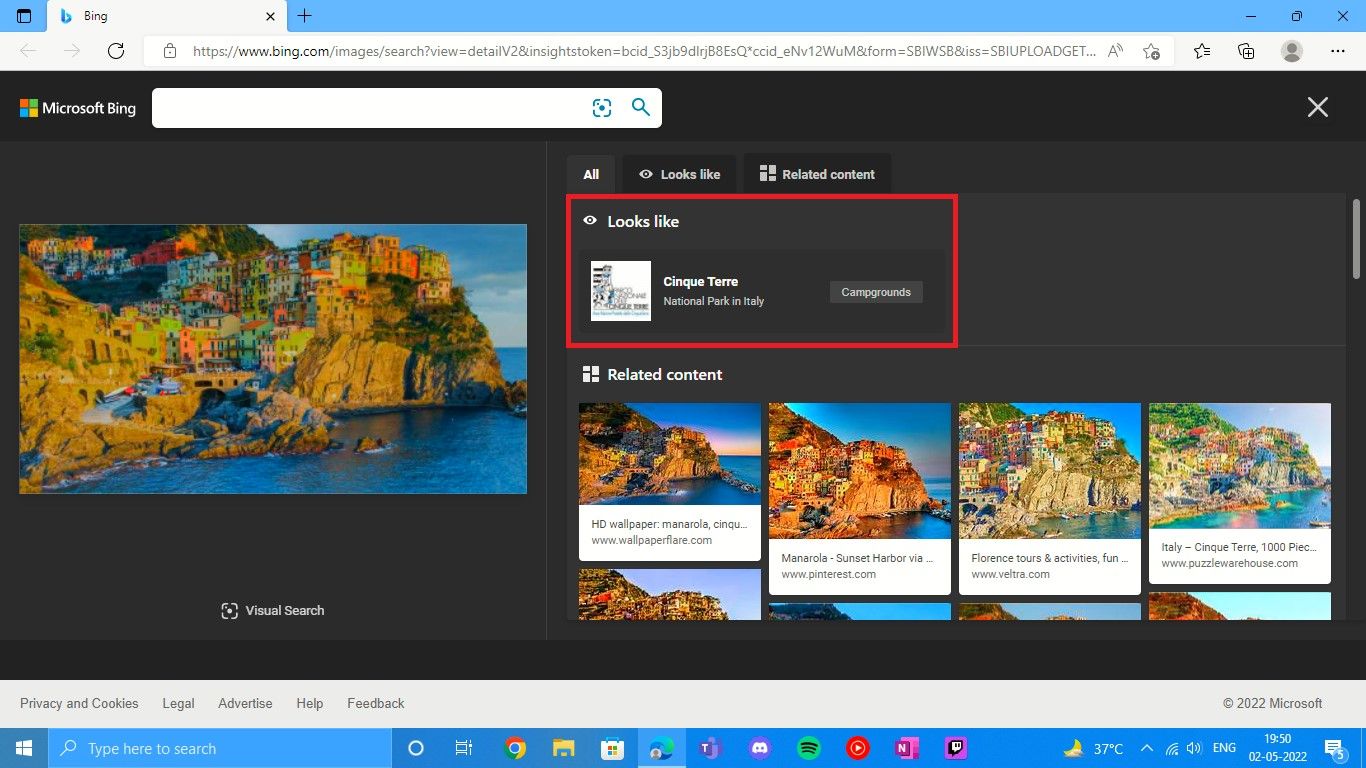 Risultati della ricerca visiva di Bing su Microsoft Edge