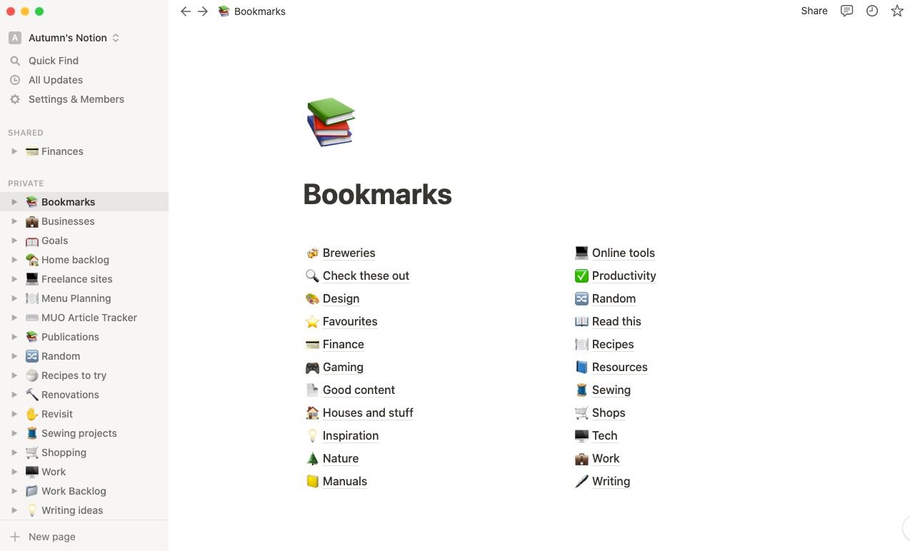 Screenshot of bookmarks saved into project management software