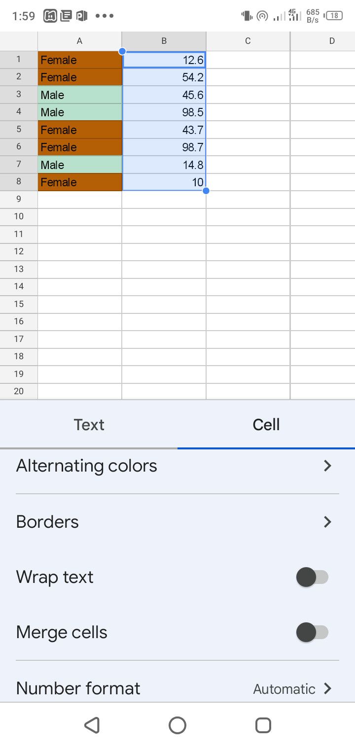 Border format Google Sheets mobile