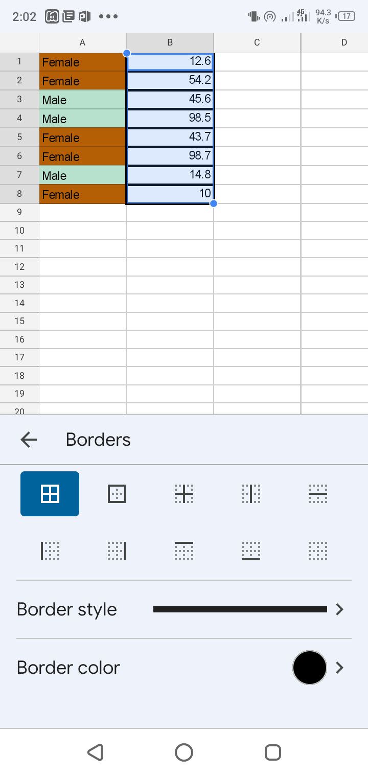 Border format and styles Google Sheets mobile