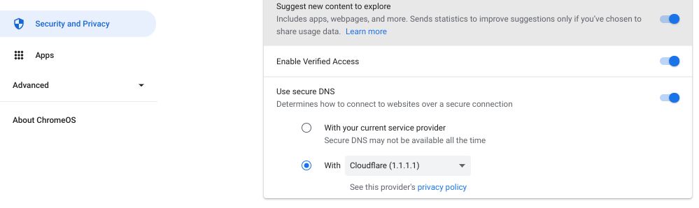 Changing the DNS in Security and Privacy Menu in Chromebook Settings