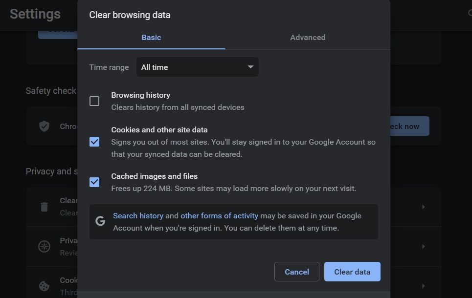 Google Chrome clear browsing data option