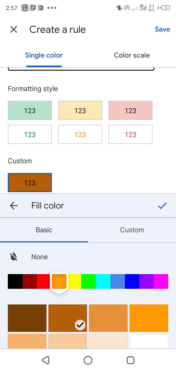 Conditional formatting menu in Google Sheets with custom color option example