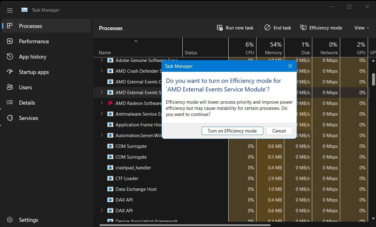 Confirmation Pop Up to Enable Efficiency Mode for a Process in Windows 11 Task Manager