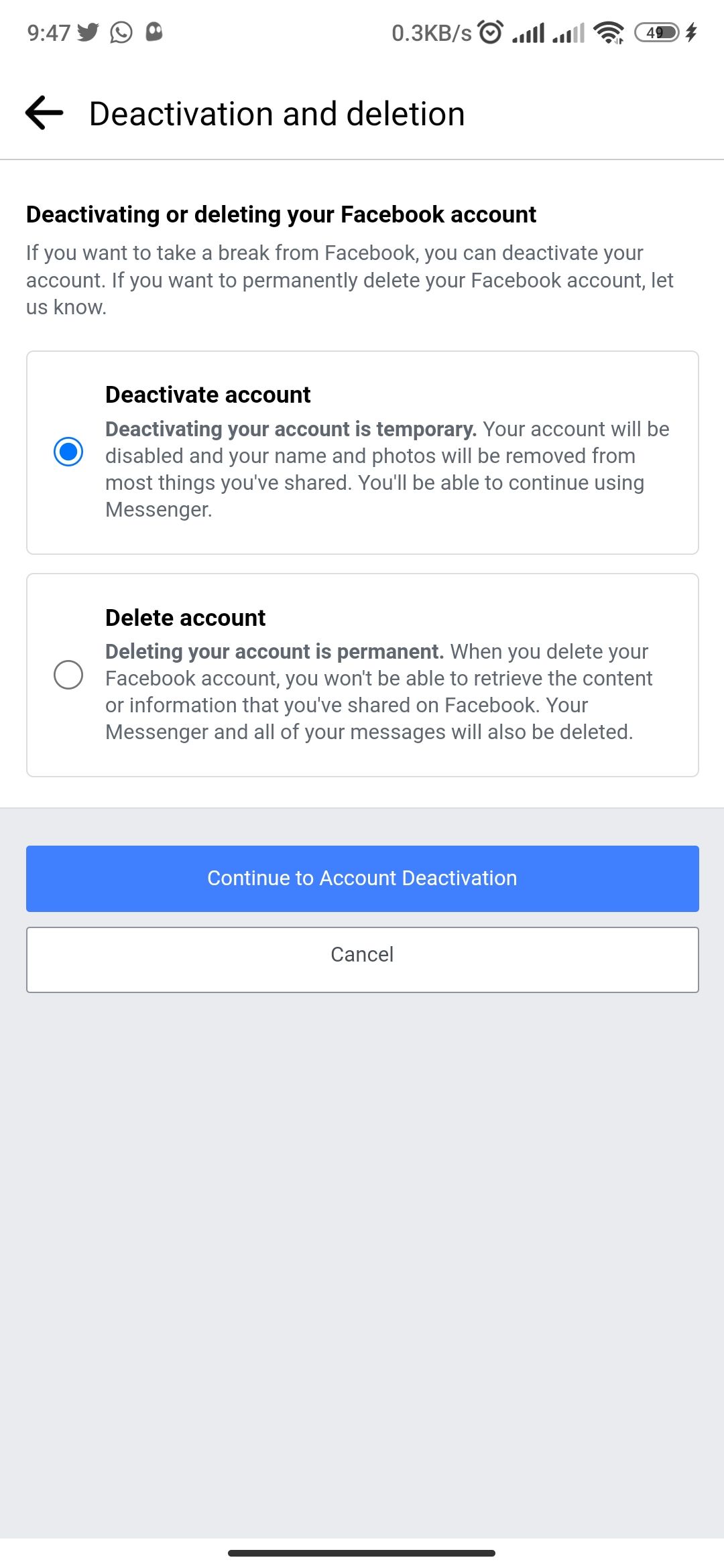 Deactivate account option on Facebook for Android