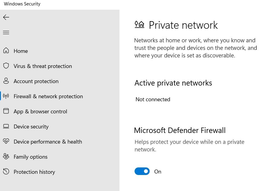Pantalla de habilitar/deshabilitar Firewall de Microsoft Defender