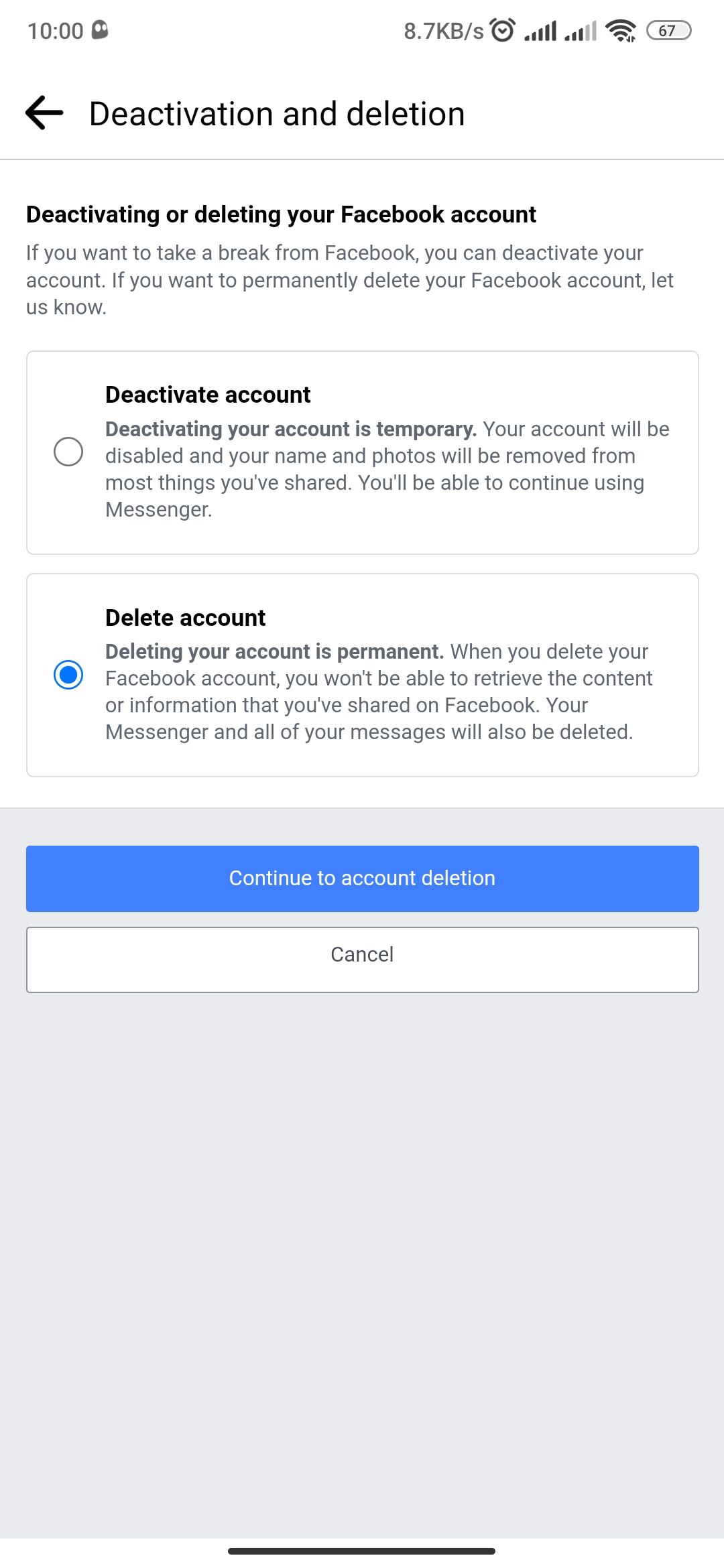 Facebook account deletion and deactivation page on Android