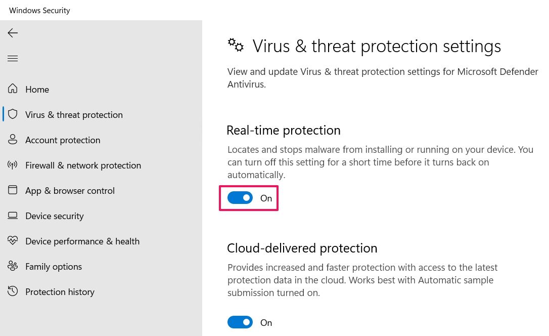 Windows Security window showing Real-time Protection toggle