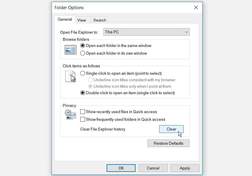 Disabling Quick Access and Clearing File Explorer History