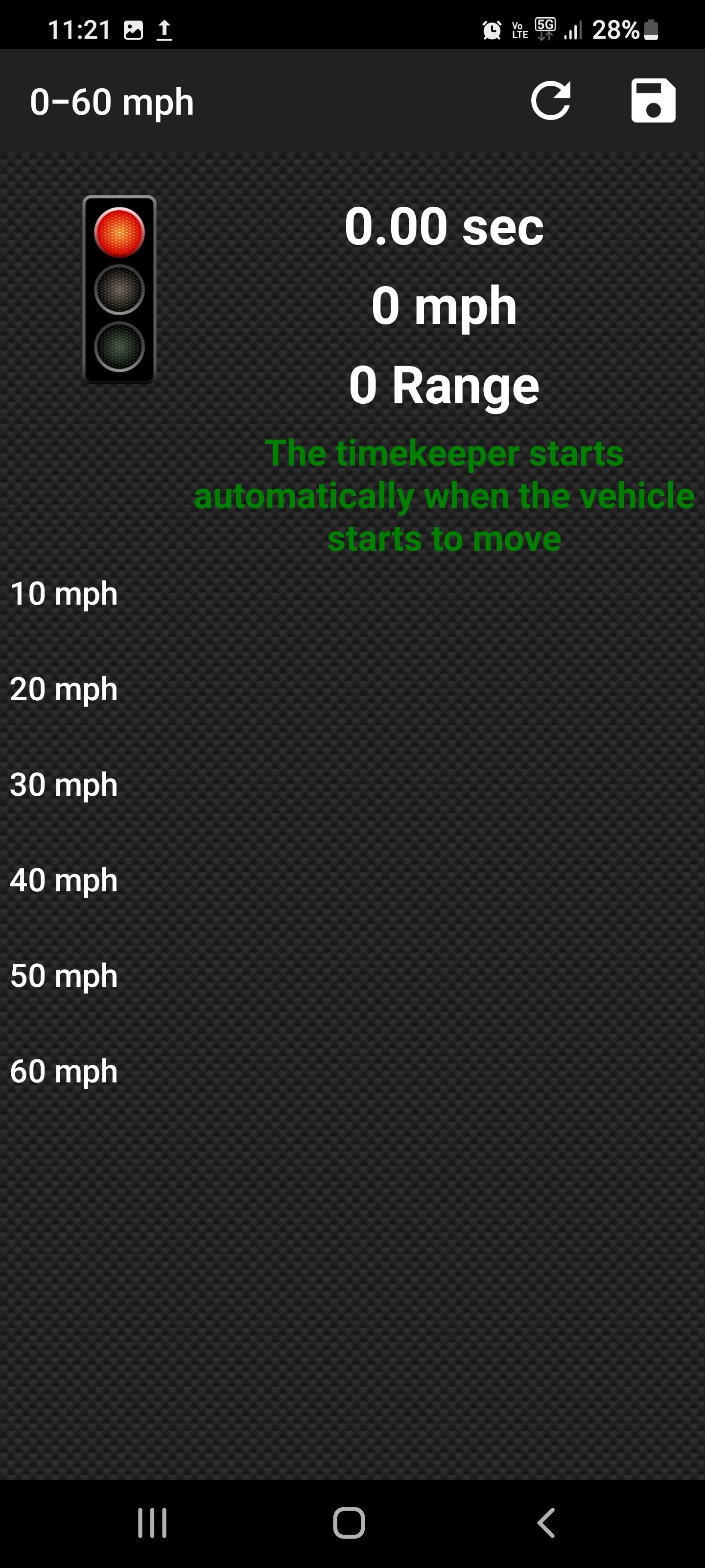 Screenshot of EOBD Facile app showing 0-60 mph test window