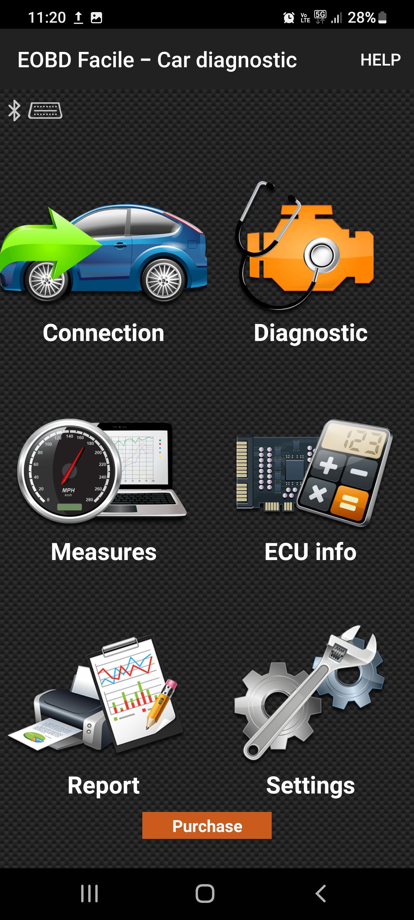 EOBD Facile app screenshot showing main menu