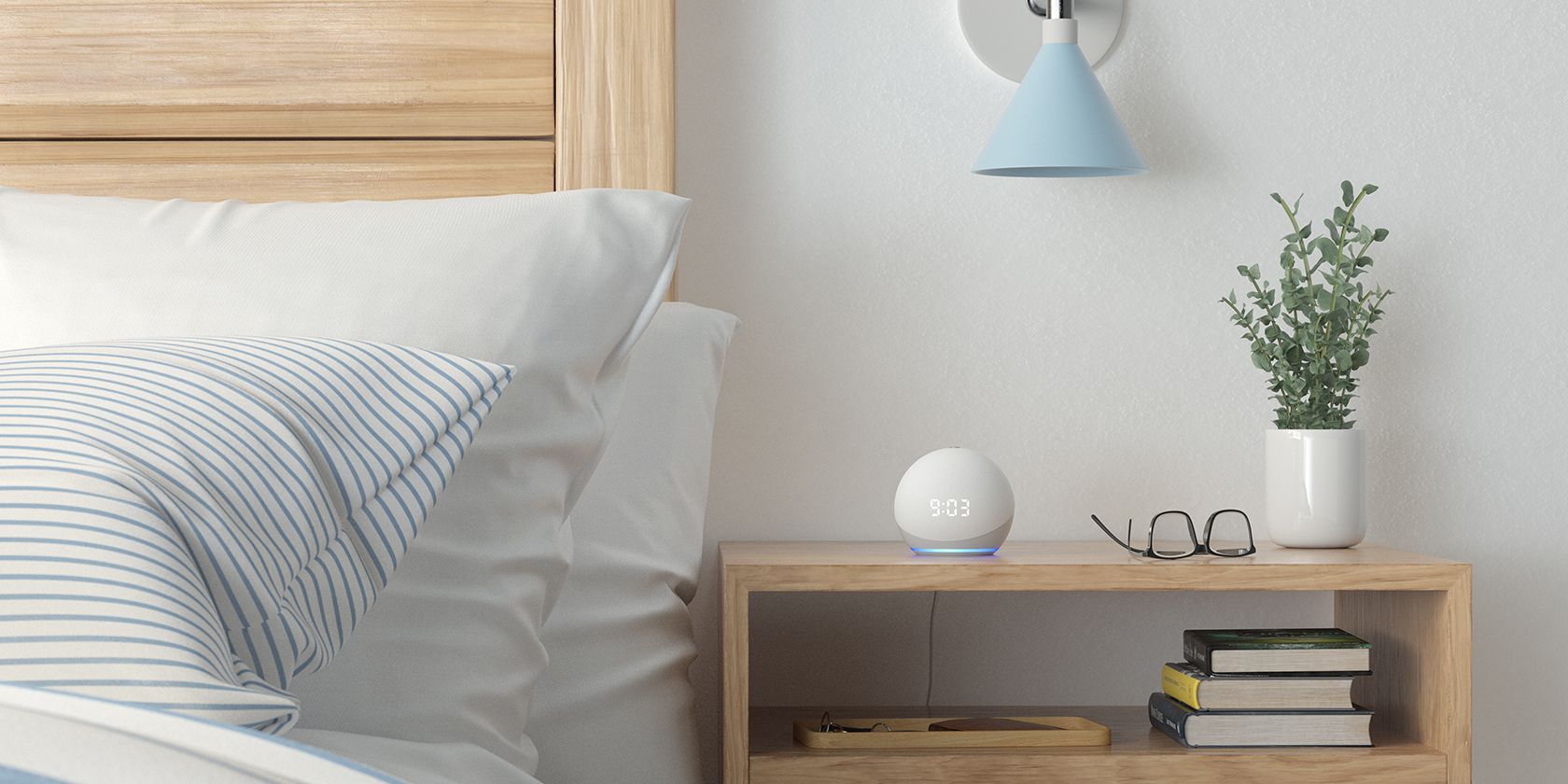 Echo Dot with clock Glacier White Bedroom