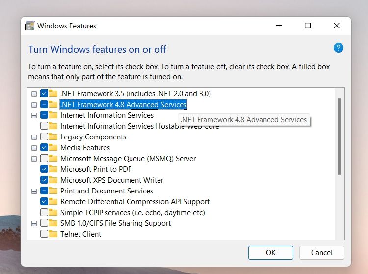 Windows Features enable disable screen
