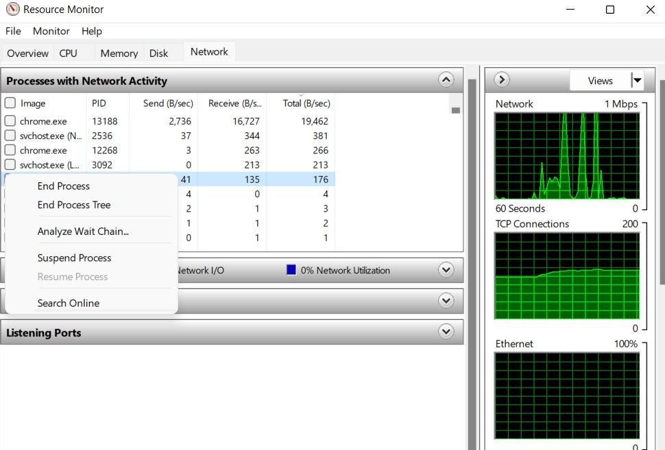 Network tab in resource monitor