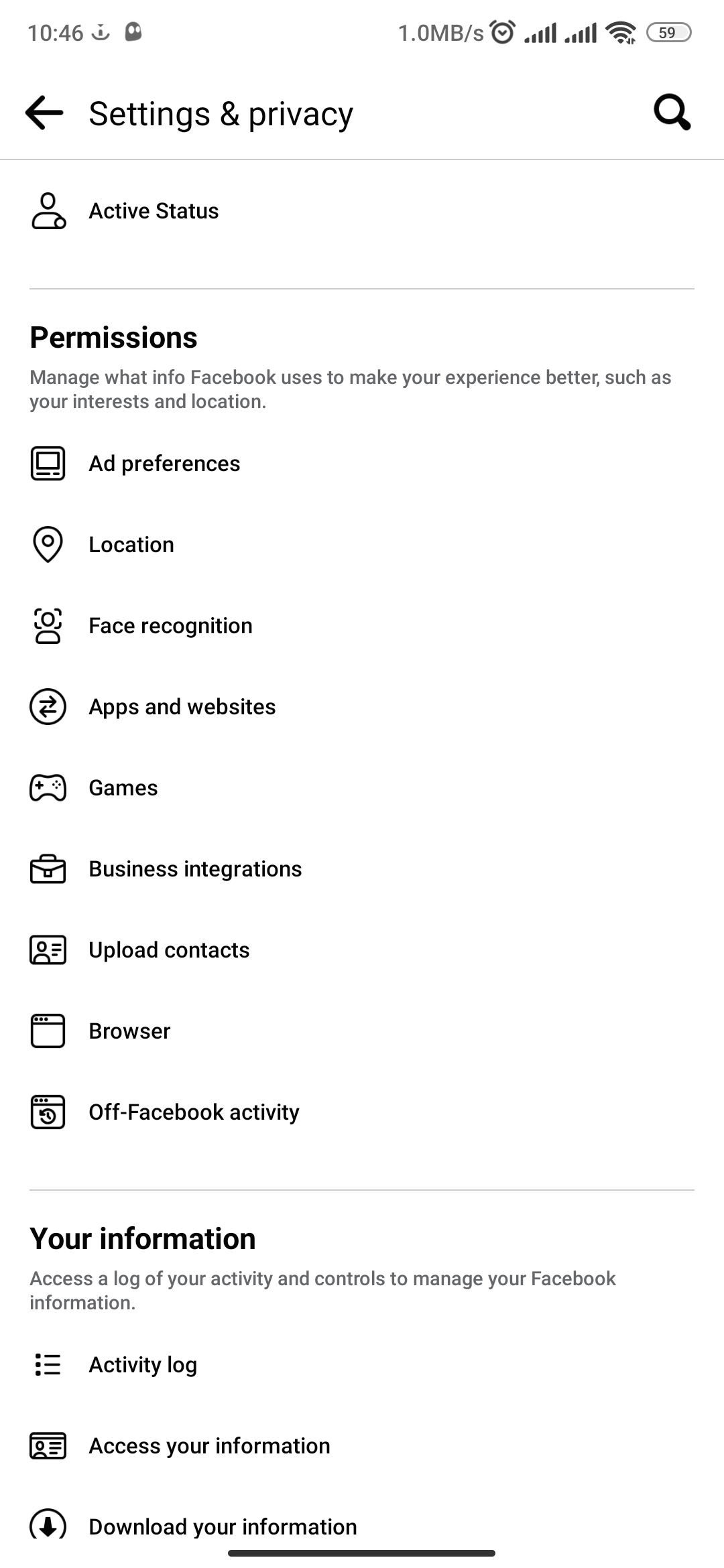 Permissions section in Facebook Settings