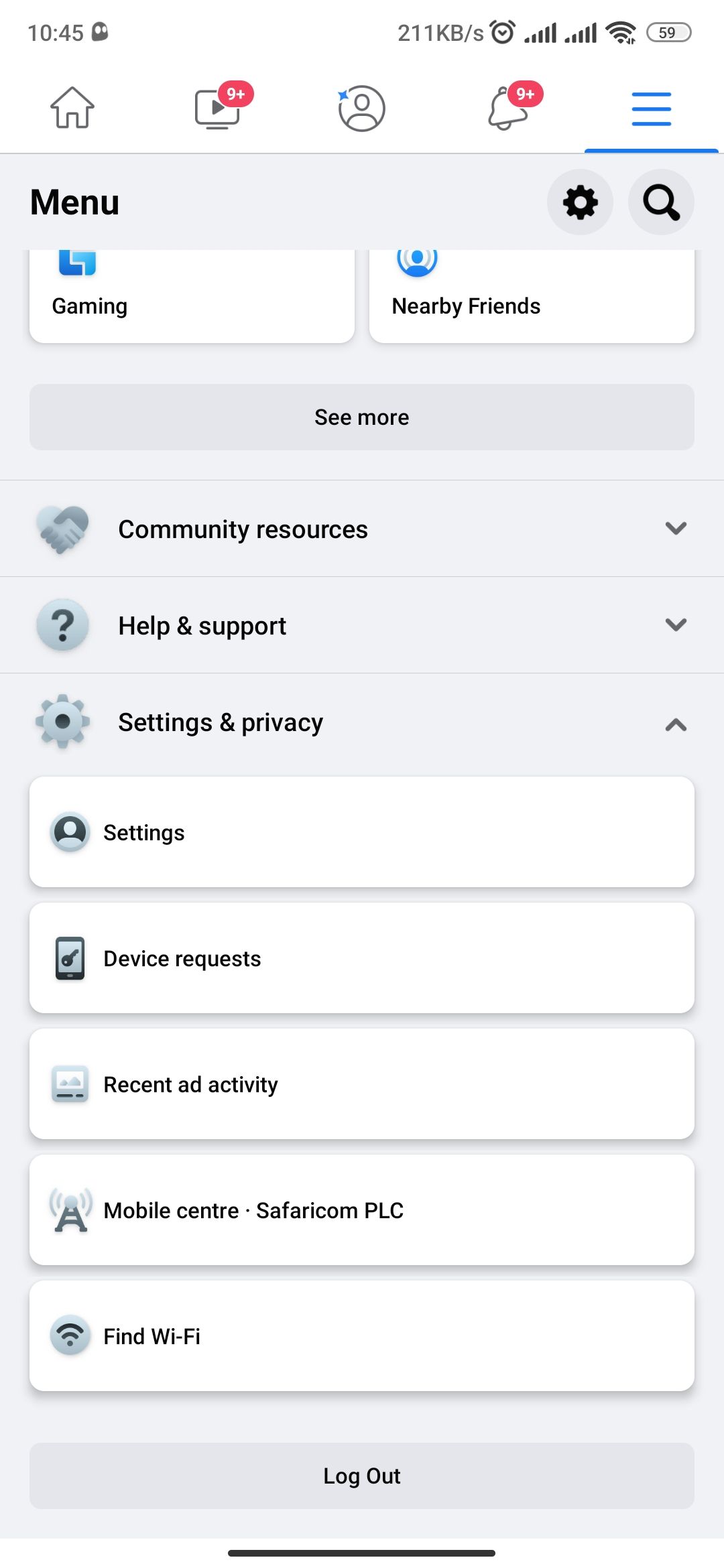 Facebook Settings and Privacy option