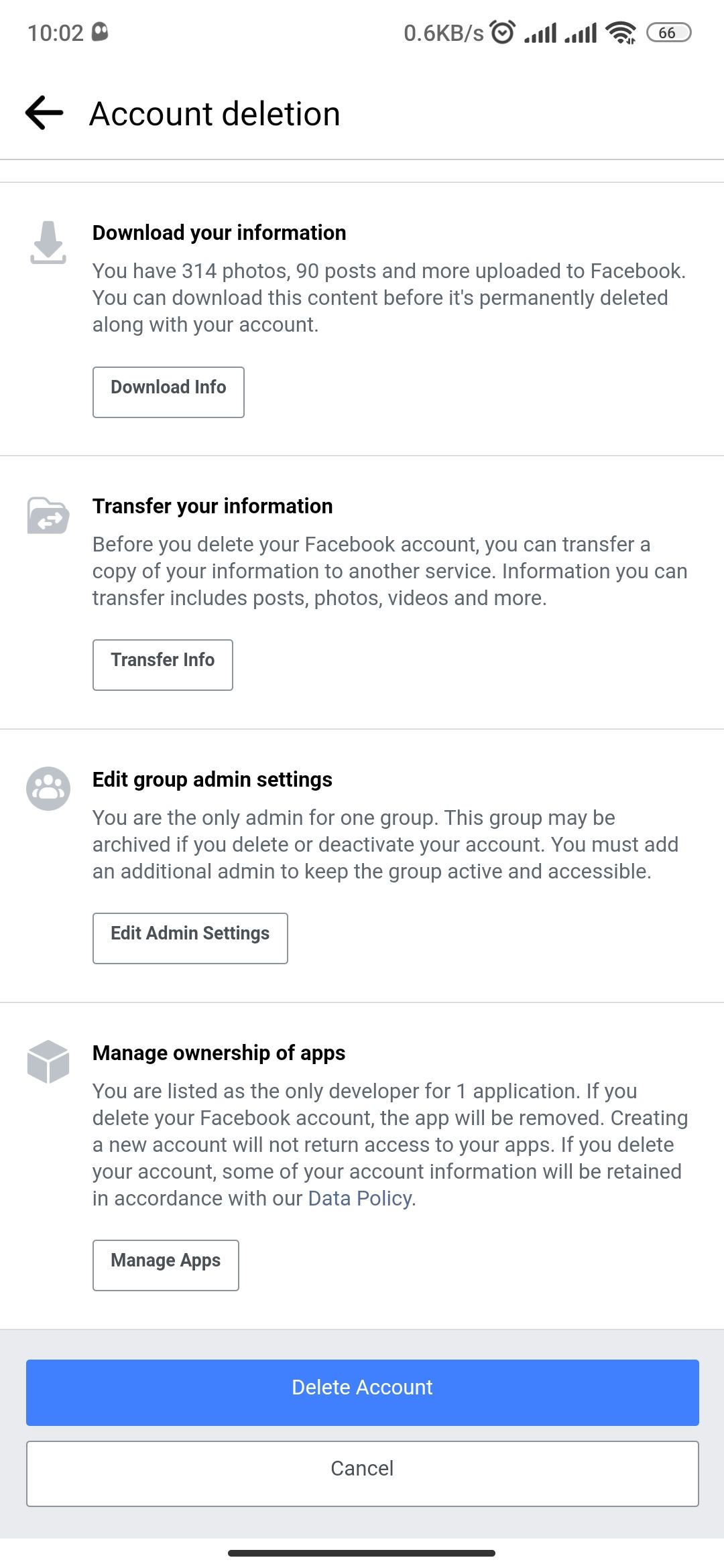 Account deletion page on Facebook Android