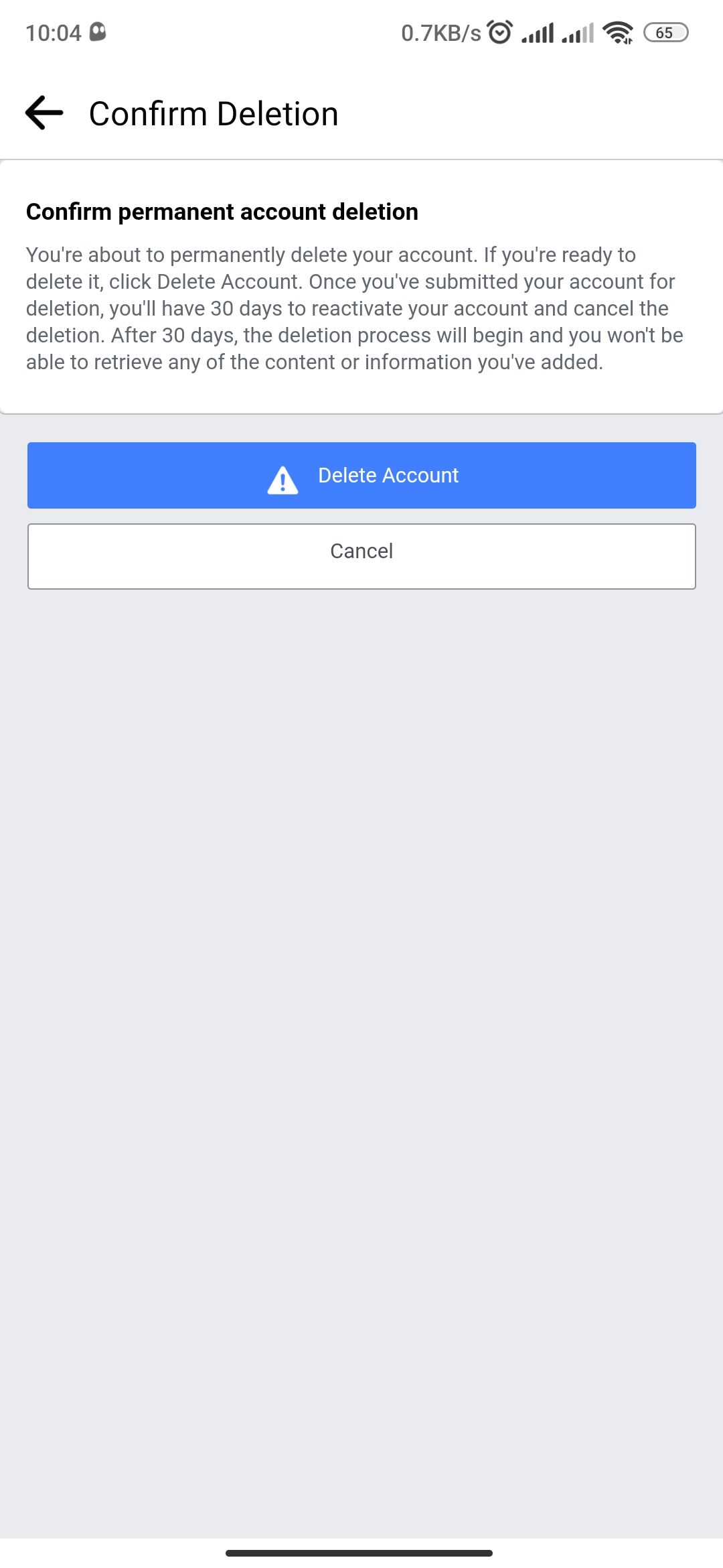 Facebook account deletion confirmation on Android