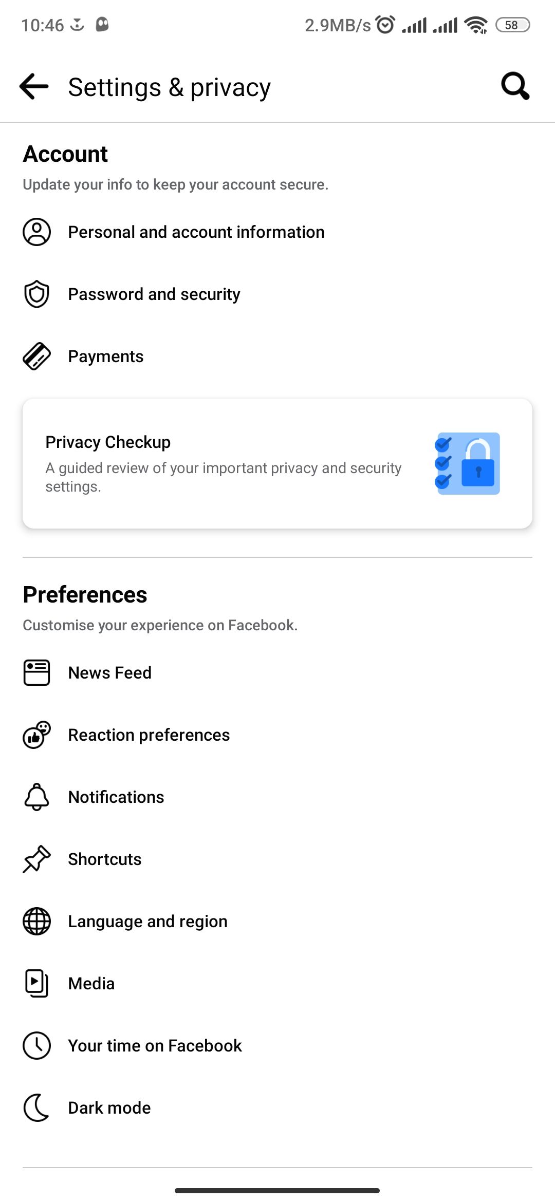 Facebook Settings and privacy page on Android