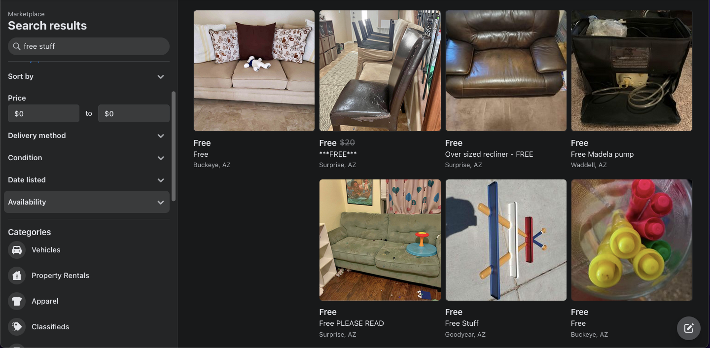 Facebook Marketplace free stuff search results
