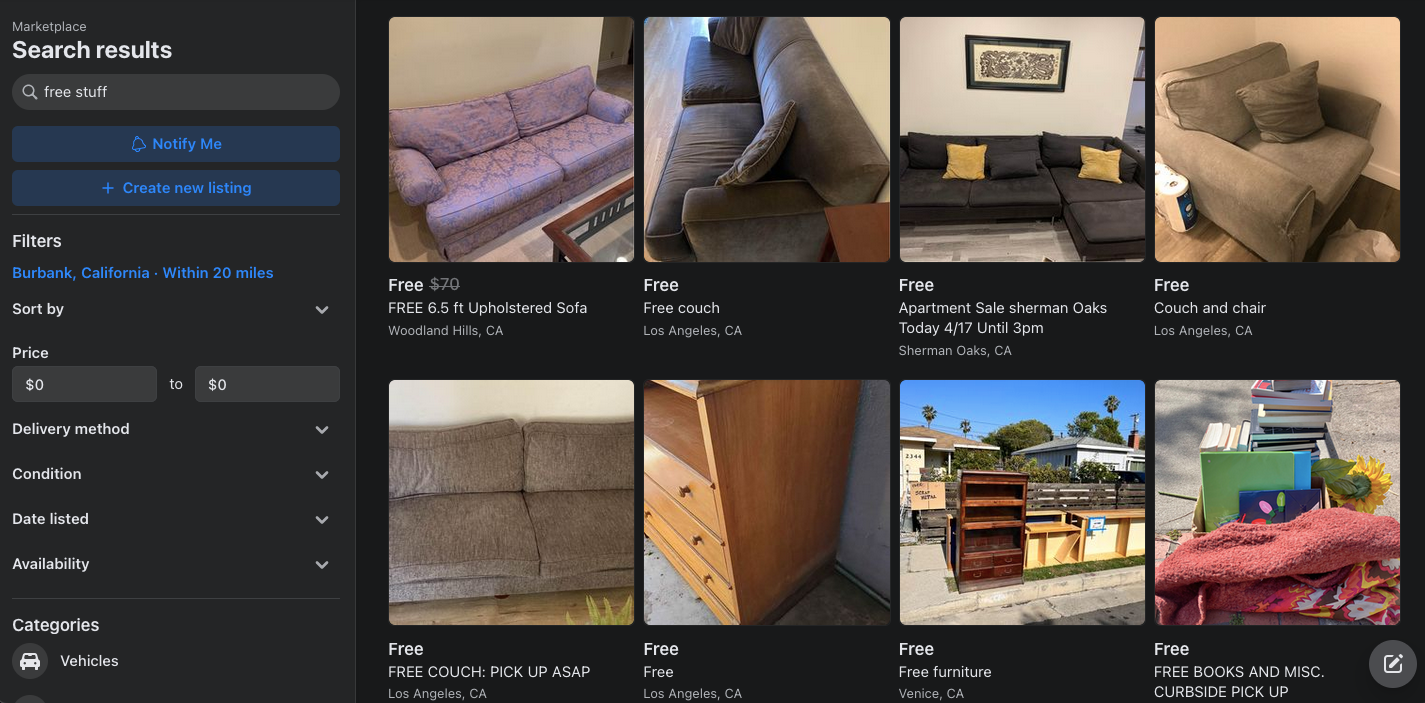 Facebook Marketplace free furniture search results