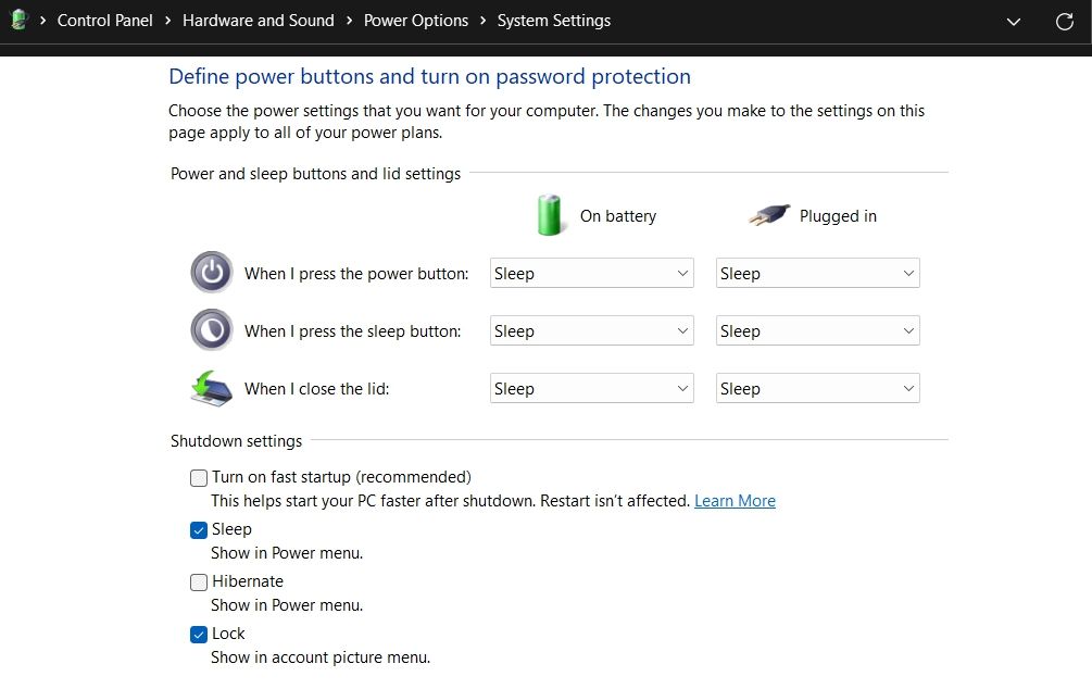 System power plan settings in Control Panel 