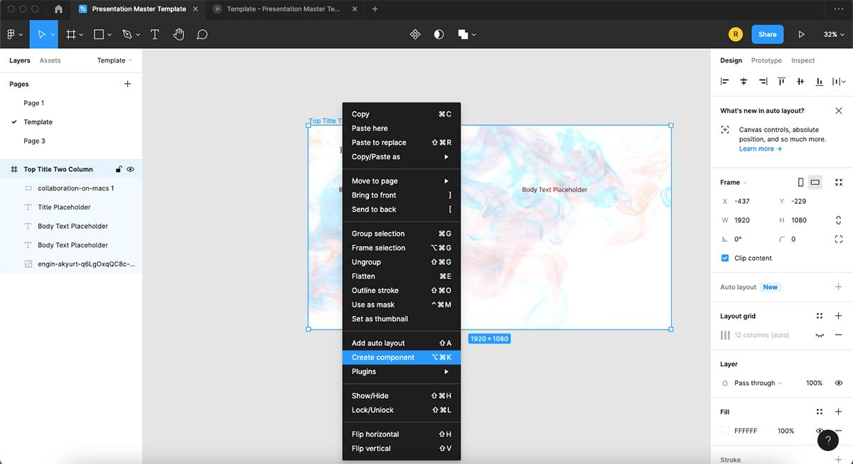 Figma frame with menu showing create component option.