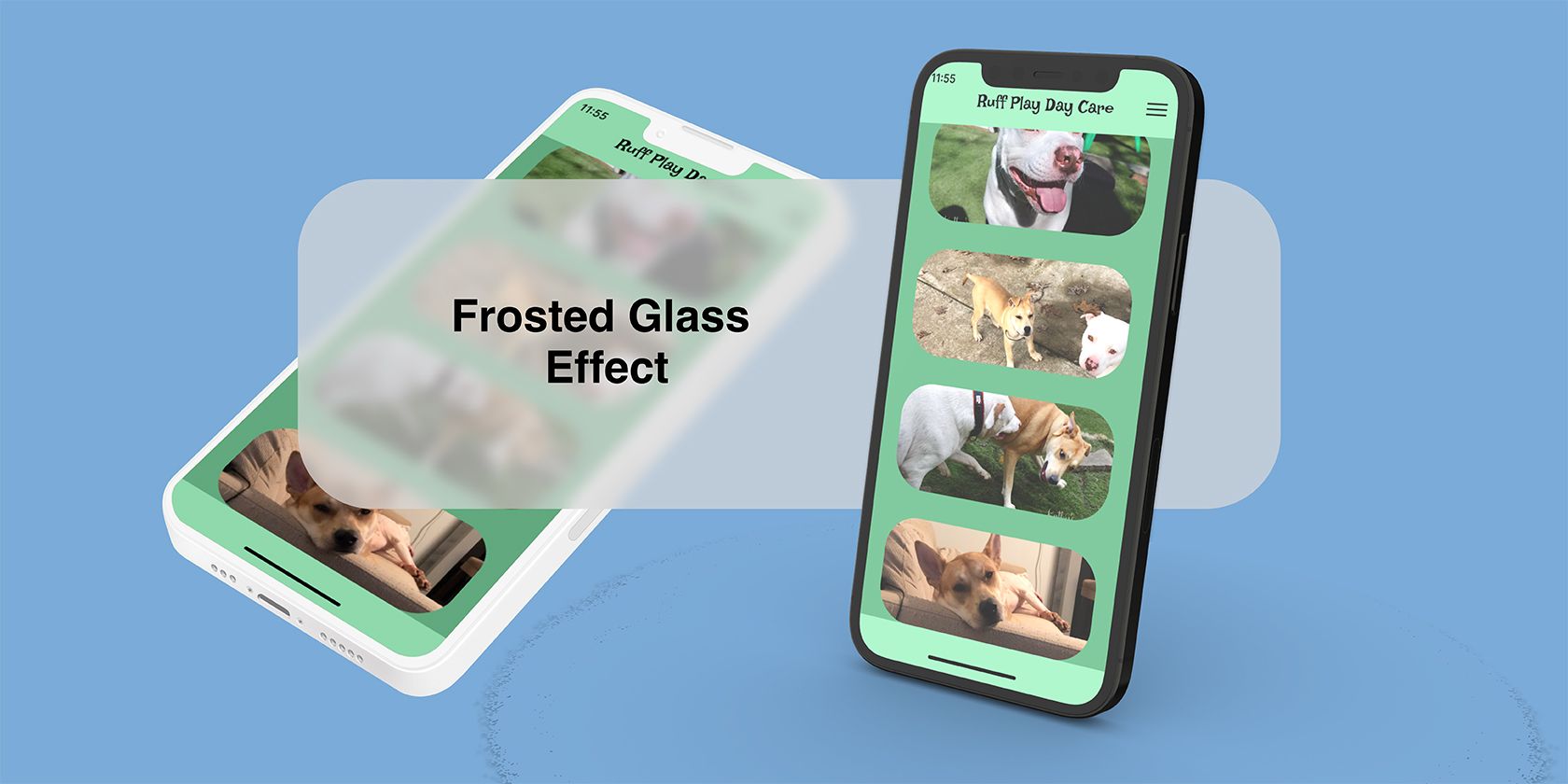 Two iPhone mockups with a frosted glass-style panel covering one screen.