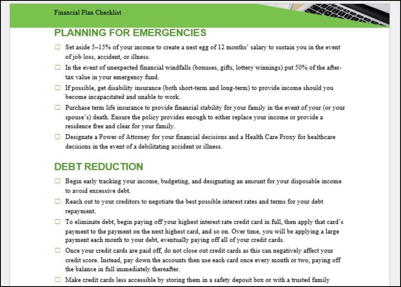 Financial planning checklist template