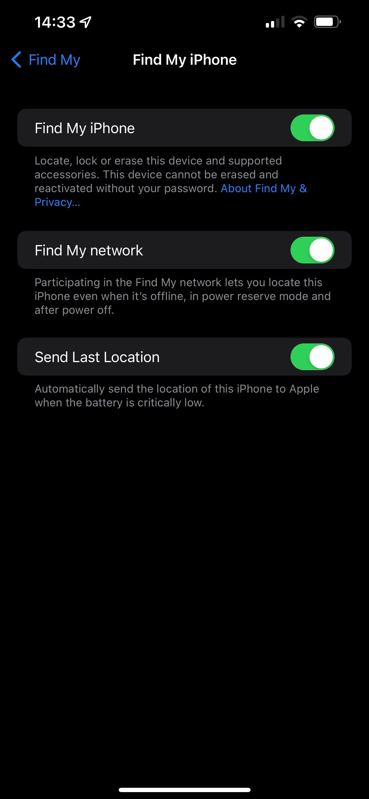 Find My network Toggle