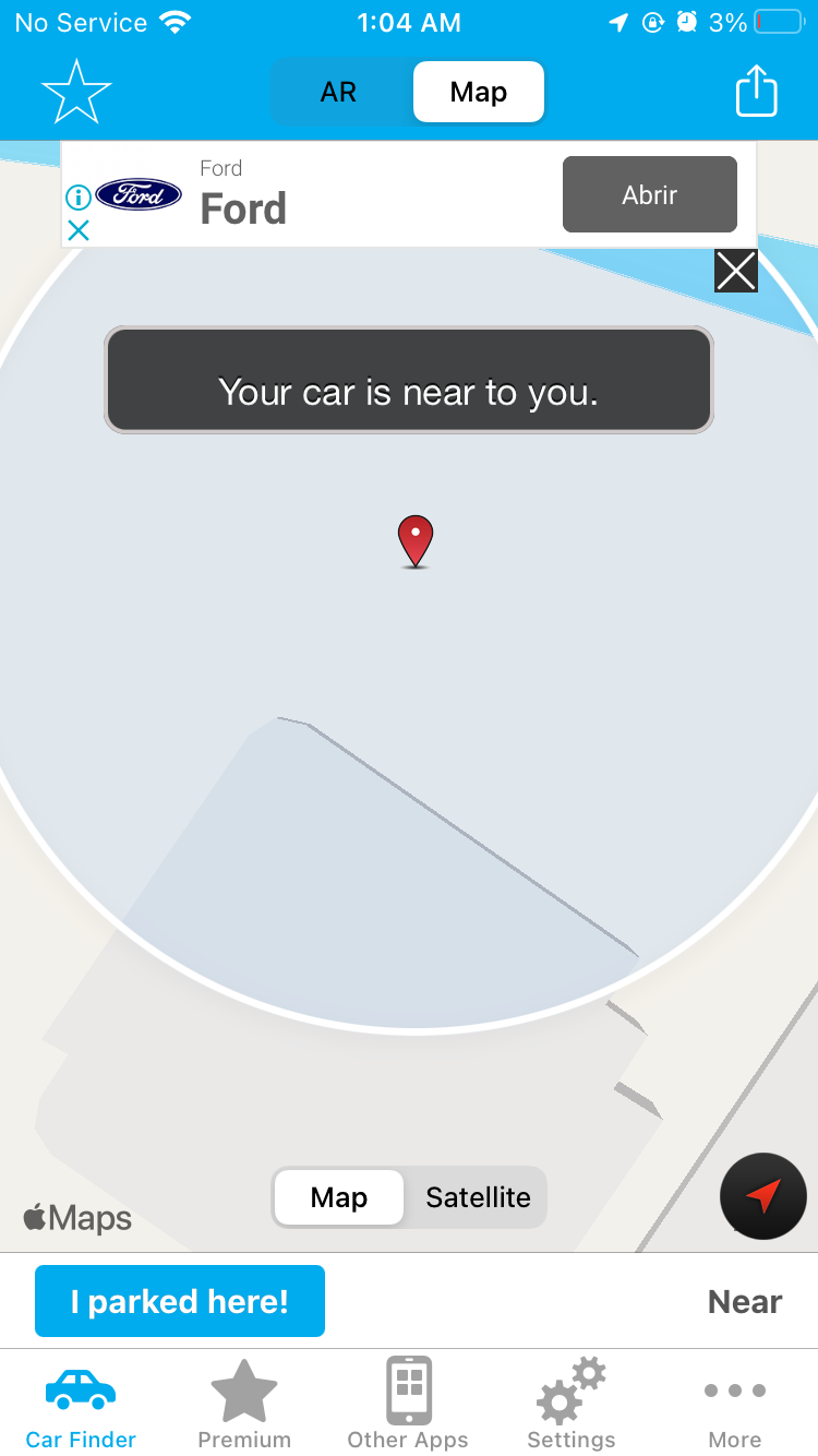 Find Your Car with AR screenshot showing parked car's location