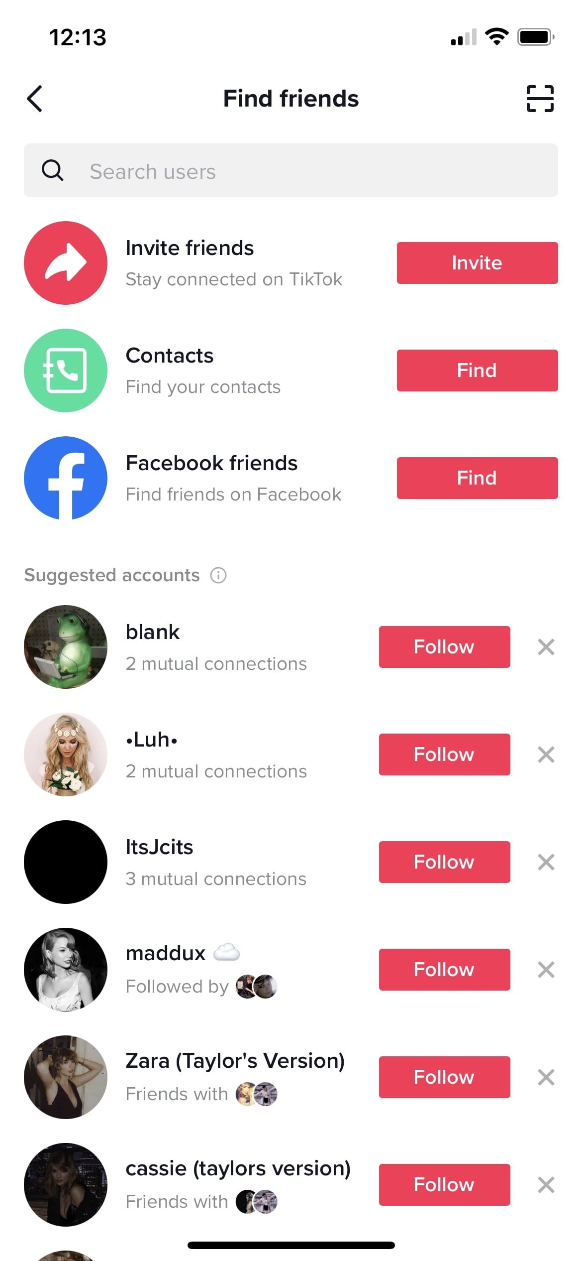 Screenshot of the TikTok Find Friends Page