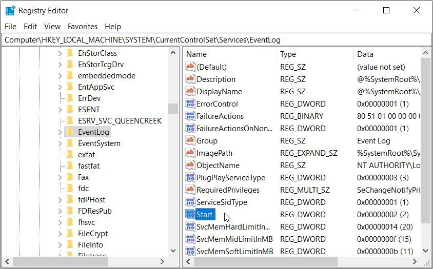 Fixing the Event Log error using the Registry Editor