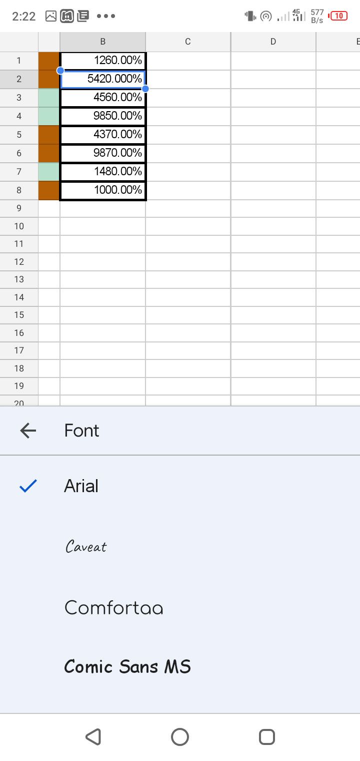 Font format menu in Google Sheets